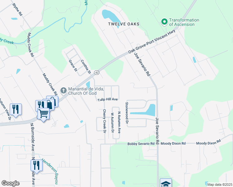 map of restaurants, bars, coffee shops, grocery stores, and more near 17470 Evergreen Hill Drive in Prairieville