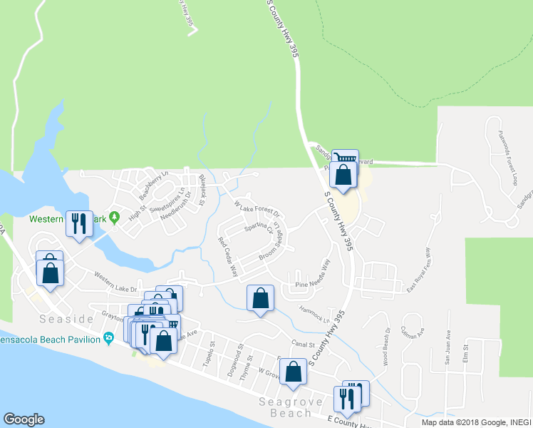 map of restaurants, bars, coffee shops, grocery stores, and more near 295 West Lake Forest Drive in Santa Rosa Beach