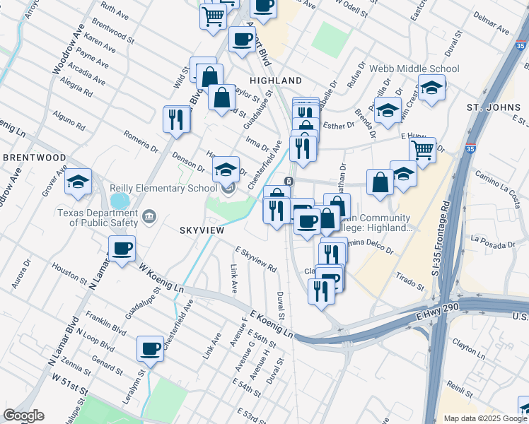 map of restaurants, bars, coffee shops, grocery stores, and more near 109 Denson Drive in Austin