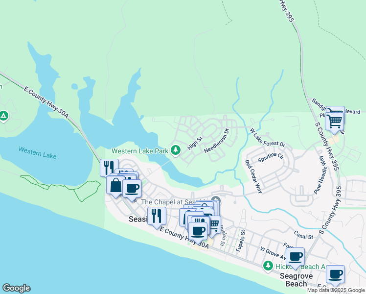 map of restaurants, bars, coffee shops, grocery stores, and more near 13 Rain Lily Lane in Santa Rosa Beach