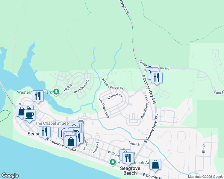 map of restaurants, bars, coffee shops, grocery stores, and more near 152 Pond Cypress Way in Santa Rosa Beach