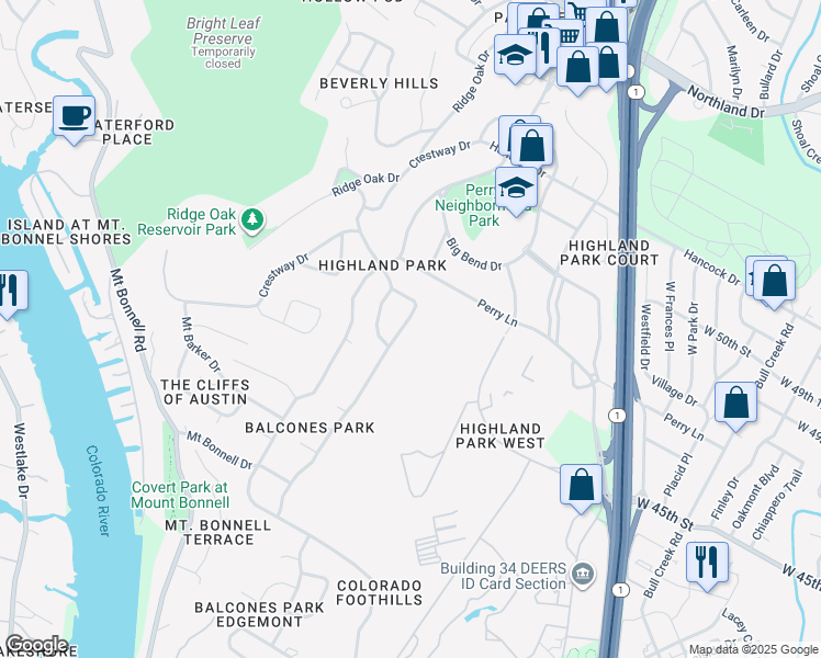 map of restaurants, bars, coffee shops, grocery stores, and more near 4605 Edgemont Drive in Austin