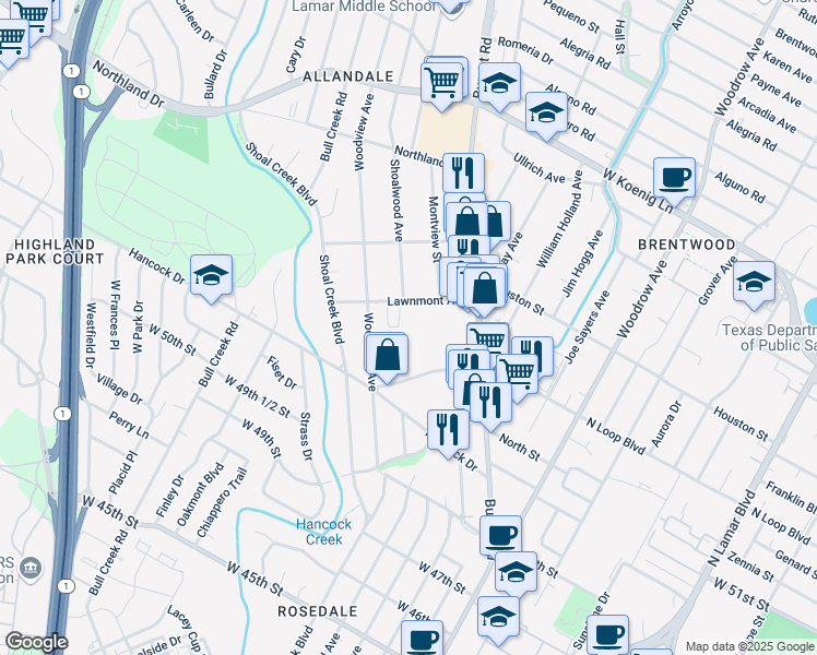 map of restaurants, bars, coffee shops, grocery stores, and more near 2213 Lawnmont Avenue in Austin