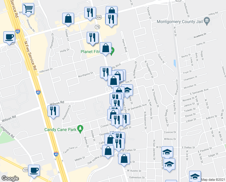 map of restaurants, bars, coffee shops, grocery stores, and more near 860 Wilson Road in Conroe