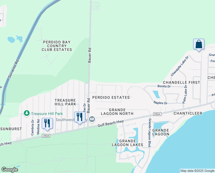 map of restaurants, bars, coffee shops, grocery stores, and more near 5122 Terra Lake Circle in Pensacola