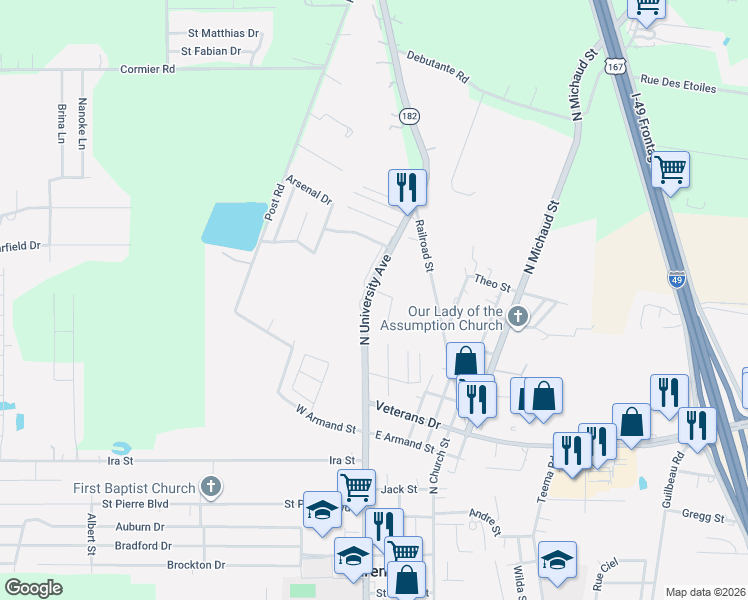 map of restaurants, bars, coffee shops, grocery stores, and more near 5030 North University Avenue in Carencro