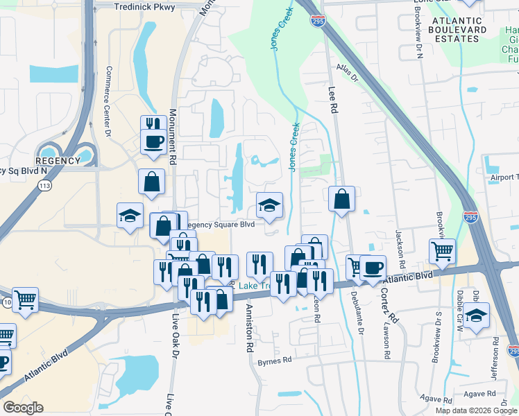 map of restaurants, bars, coffee shops, grocery stores, and more near 318 Raleigh Road in Jacksonville