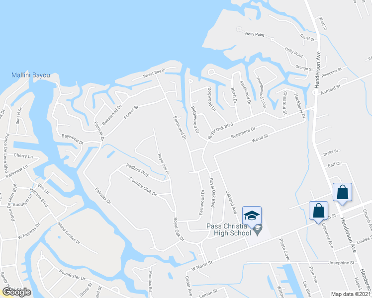 map of restaurants, bars, coffee shops, grocery stores, and more near 215 Fernwood Drive in Pass Christian