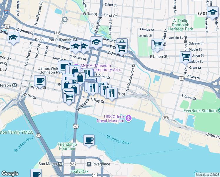 map of restaurants, bars, coffee shops, grocery stores, and more near 245 Florida 228 in Jacksonville