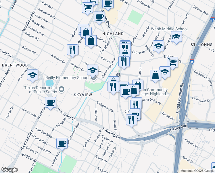 map of restaurants, bars, coffee shops, grocery stores, and more near 109 Denson Drive in Austin