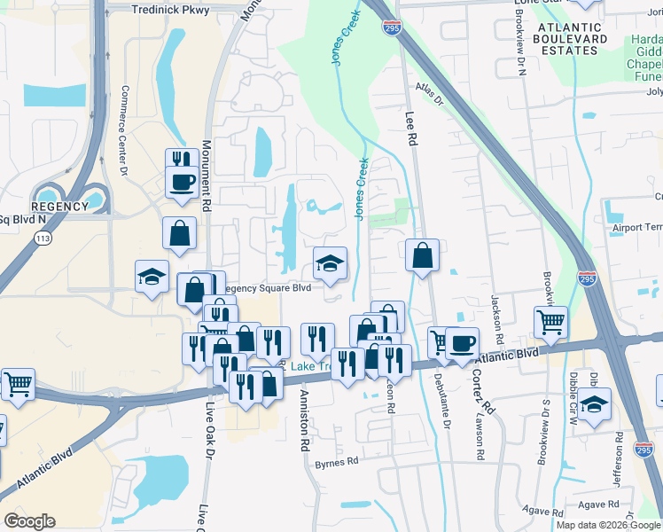 map of restaurants, bars, coffee shops, grocery stores, and more near 318 Raleigh Road in Jacksonville