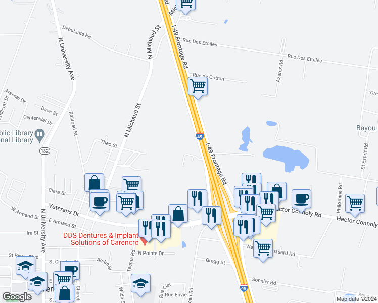 map of restaurants, bars, coffee shops, grocery stores, and more near 200 Rue Basin in Carencro