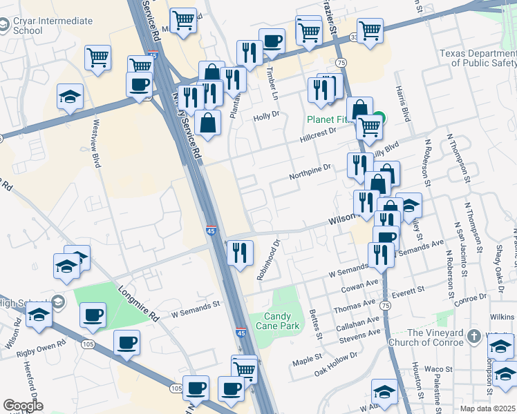 map of restaurants, bars, coffee shops, grocery stores, and more near 1200 Wilson Road in Conroe