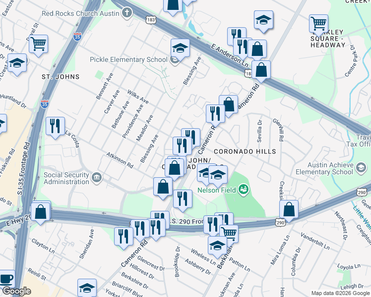 map of restaurants, bars, coffee shops, grocery stores, and more near 1301 East Saint Johns Avenue in Austin