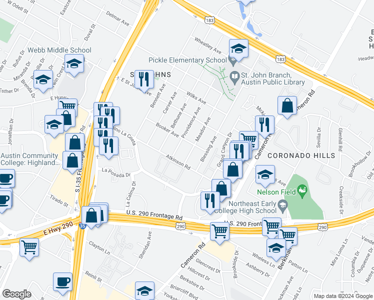 map of restaurants, bars, coffee shops, grocery stores, and more near 6910 Meador Avenue in Austin