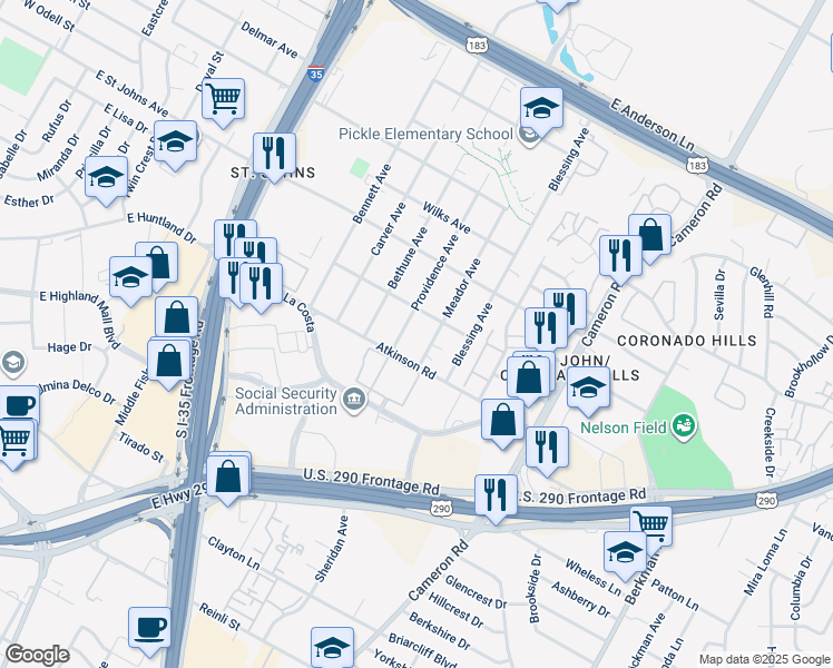map of restaurants, bars, coffee shops, grocery stores, and more near 6910 Meador Avenue in Austin