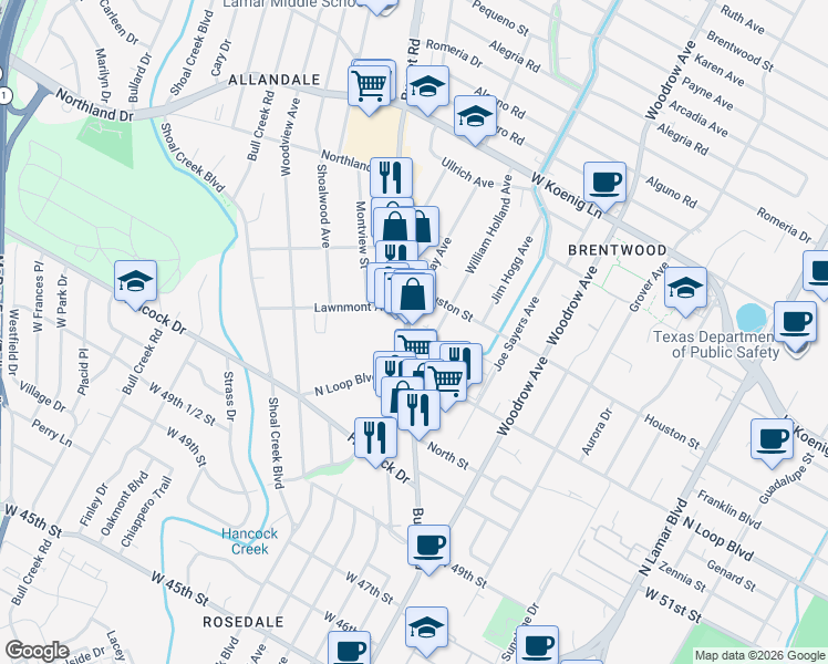map of restaurants, bars, coffee shops, grocery stores, and more near 5308 1/2 Burnet Road in Austin