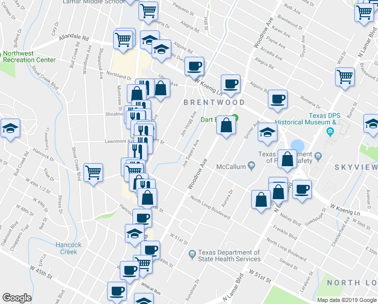map of restaurants, bars, coffee shops, grocery stores, and more near 5502 Joe Sayers Avenue in Austin