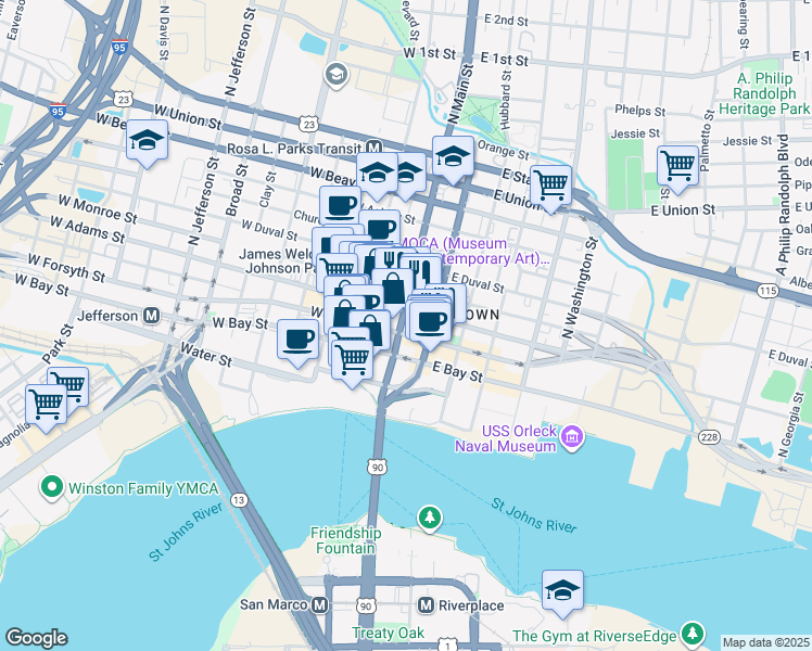 map of restaurants, bars, coffee shops, grocery stores, and more near 40 East Adams Street in Jacksonville