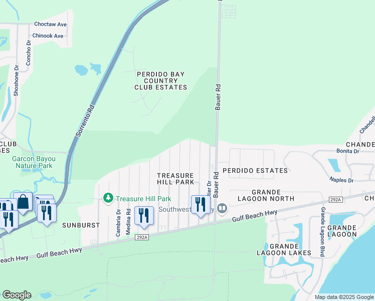 map of restaurants, bars, coffee shops, grocery stores, and more near 5173 Viking Road in Pensacola