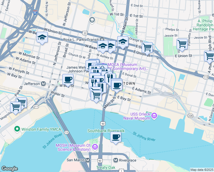 map of restaurants, bars, coffee shops, grocery stores, and more near 11 West Forsyth Street in Jacksonville