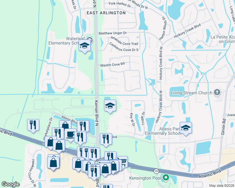 map of restaurants, bars, coffee shops, grocery stores, and more near 12274 Franklin Brook Lane South in Jacksonville