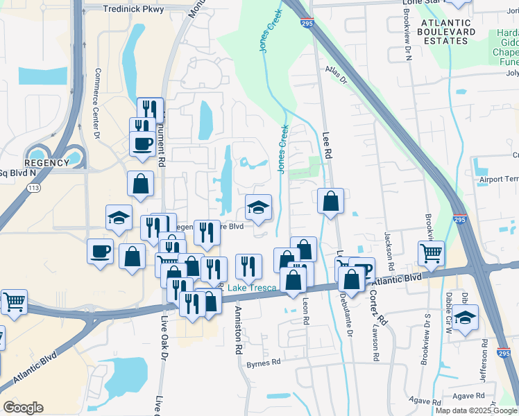 map of restaurants, bars, coffee shops, grocery stores, and more near 318 Raleigh Road in Jacksonville