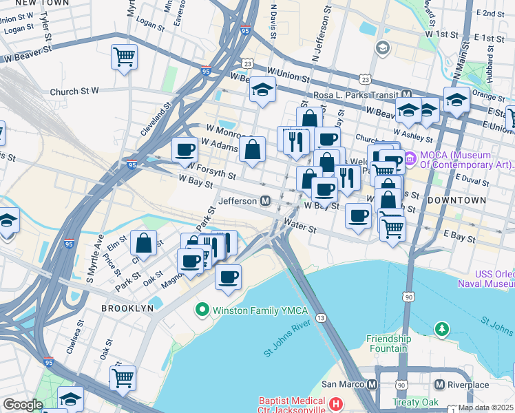 map of restaurants, bars, coffee shops, grocery stores, and more near West Bay Street in Jacksonville