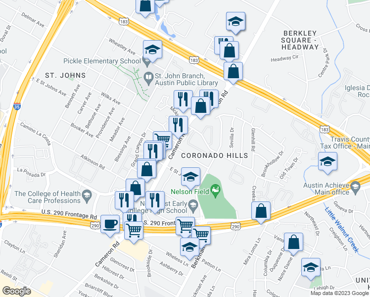map of restaurants, bars, coffee shops, grocery stores, and more near 1428 Reagan Hill Drive in Austin