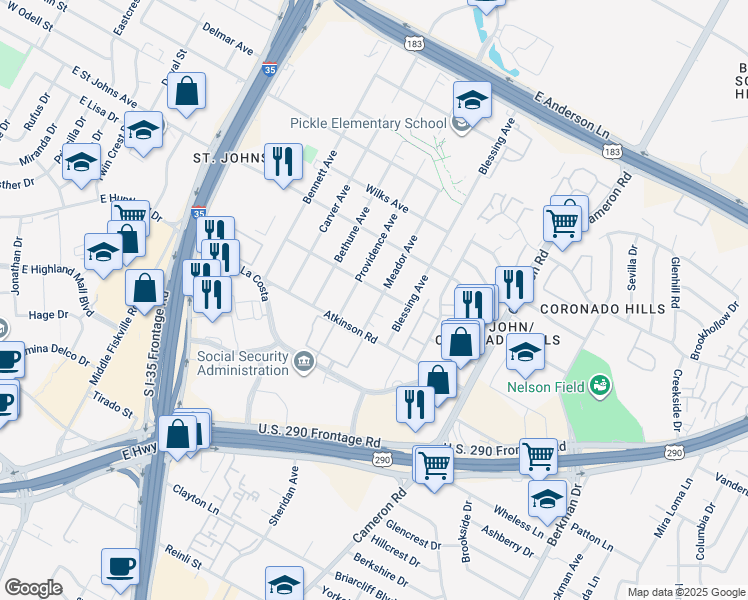 map of restaurants, bars, coffee shops, grocery stores, and more near 6916 Meador Avenue in Austin