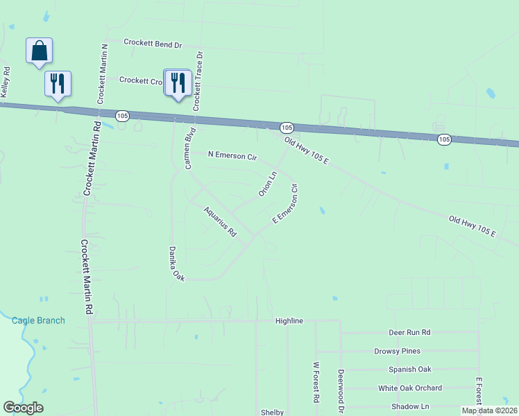 map of restaurants, bars, coffee shops, grocery stores, and more near 150 Pegasus Court in Conroe