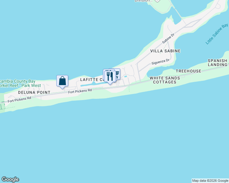 map of restaurants, bars, coffee shops, grocery stores, and more near 999 Fort Pickens Road in Pensacola Beach