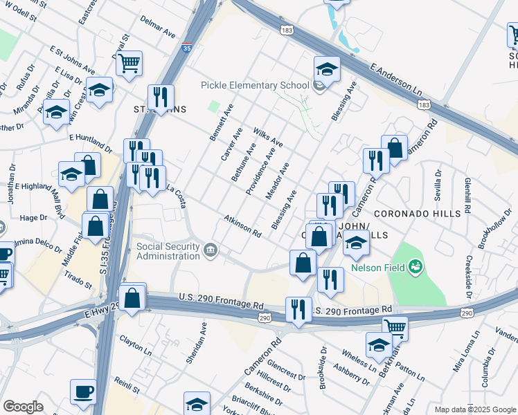 map of restaurants, bars, coffee shops, grocery stores, and more near 6916 Meador Avenue in Austin