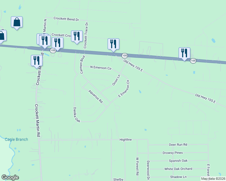 map of restaurants, bars, coffee shops, grocery stores, and more near 150 Pegasus Court in Conroe