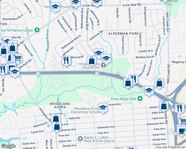 map of restaurants, bars, coffee shops, grocery stores, and more near 8000 Arlington Expressway Srv Road in Jacksonville
