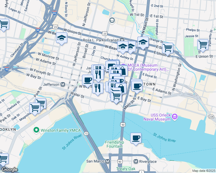 map of restaurants, bars, coffee shops, grocery stores, and more near 200 West Forsyth Street in Jacksonville