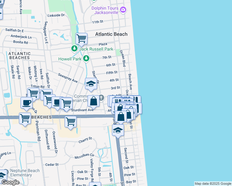 map of restaurants, bars, coffee shops, grocery stores, and more near 308 2nd Street in Atlantic Beach