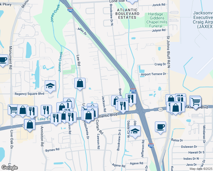 map of restaurants, bars, coffee shops, grocery stores, and more near 235 Jackson Road in Jacksonville