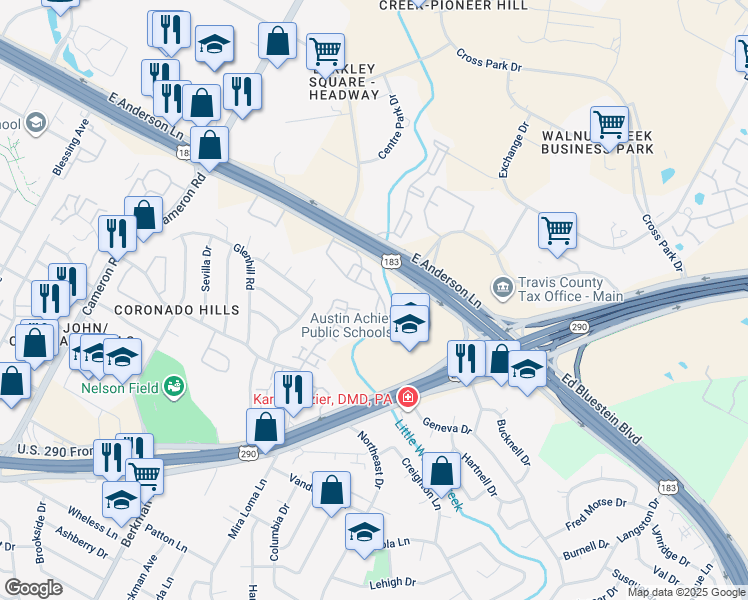 map of restaurants, bars, coffee shops, grocery stores, and more near 1901 East Anderson Lane in Austin