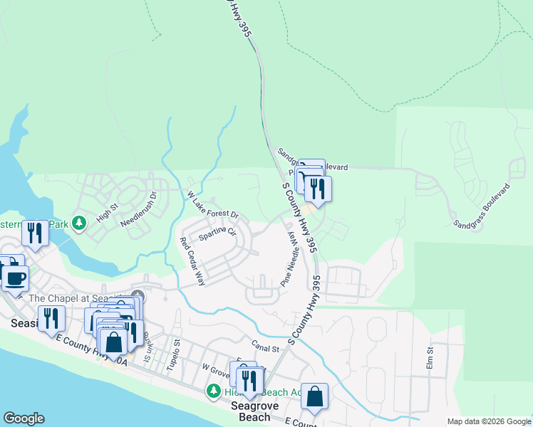 map of restaurants, bars, coffee shops, grocery stores, and more near 24 Pine Needle Way in Santa Rosa Beach