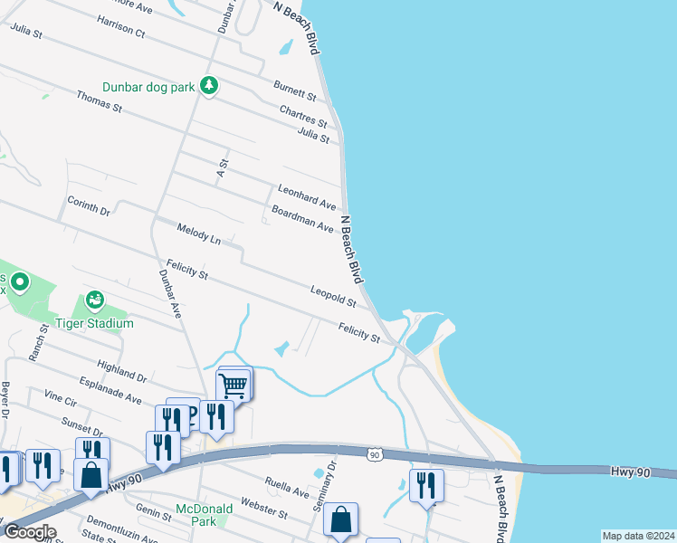 map of restaurants, bars, coffee shops, grocery stores, and more near 808 North Beach Boulevard in Bay St. Louis