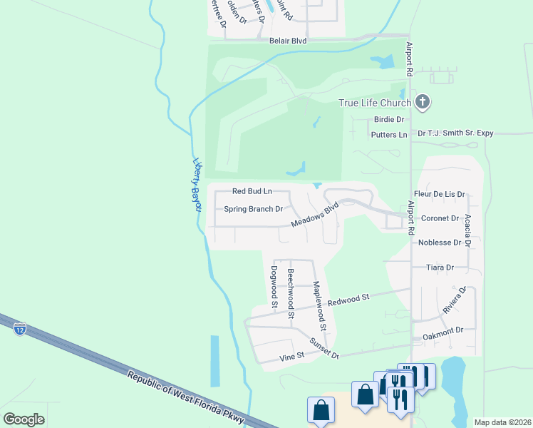 map of restaurants, bars, coffee shops, grocery stores, and more near 238 Meadows Boulevard in Slidell