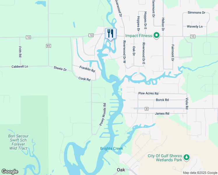 map of restaurants, bars, coffee shops, grocery stores, and more near 7100 Camellia Dell Lane in Foley
