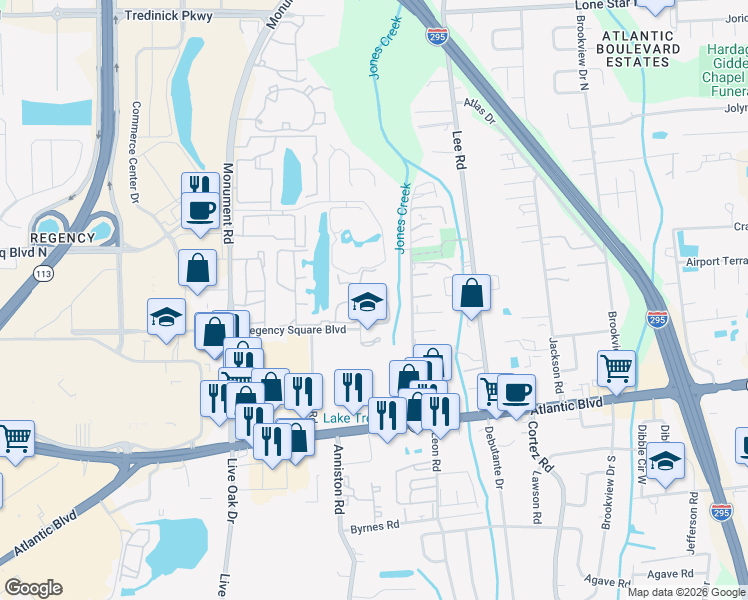 map of restaurants, bars, coffee shops, grocery stores, and more near 318 Raleigh Road in Jacksonville