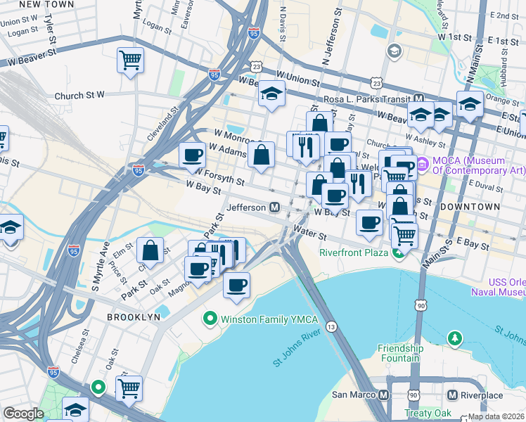 map of restaurants, bars, coffee shops, grocery stores, and more near West Bay Street in Jacksonville