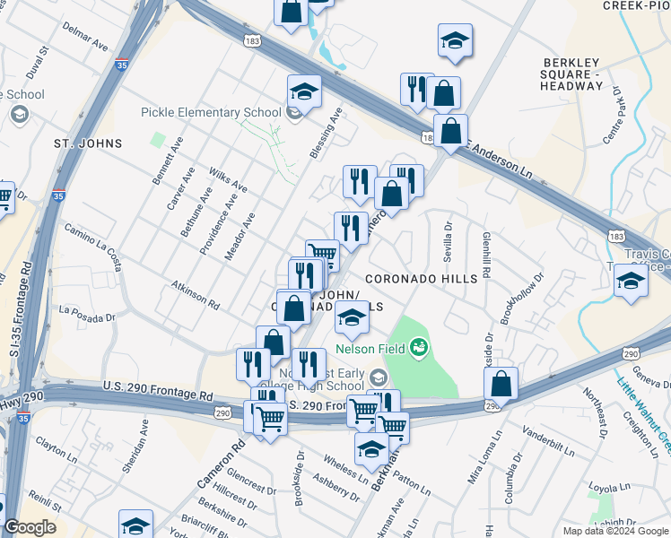map of restaurants, bars, coffee shops, grocery stores, and more near 1311 Radcliff Drive in Austin