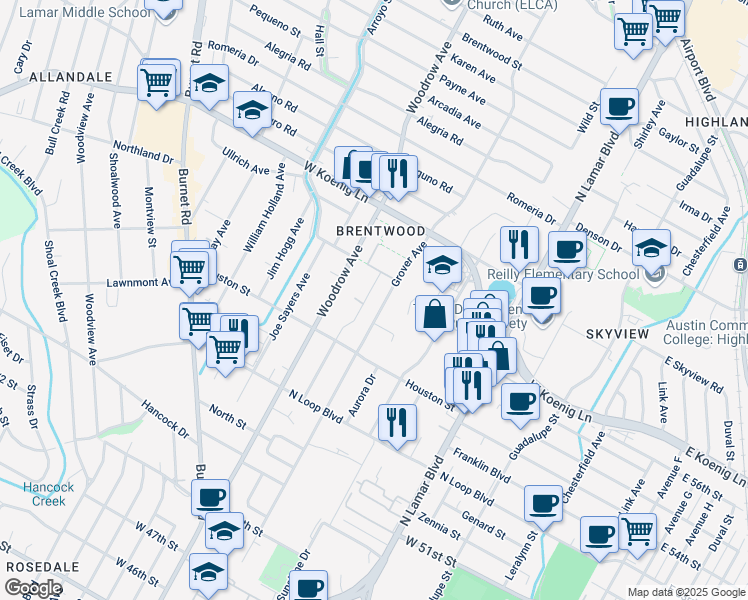 map of restaurants, bars, coffee shops, grocery stores, and more near 5600 Roosevelt Avenue in Austin