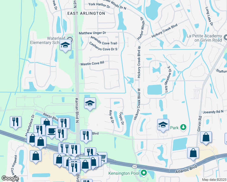 map of restaurants, bars, coffee shops, grocery stores, and more near 12722 Tropic Drive in Jacksonville