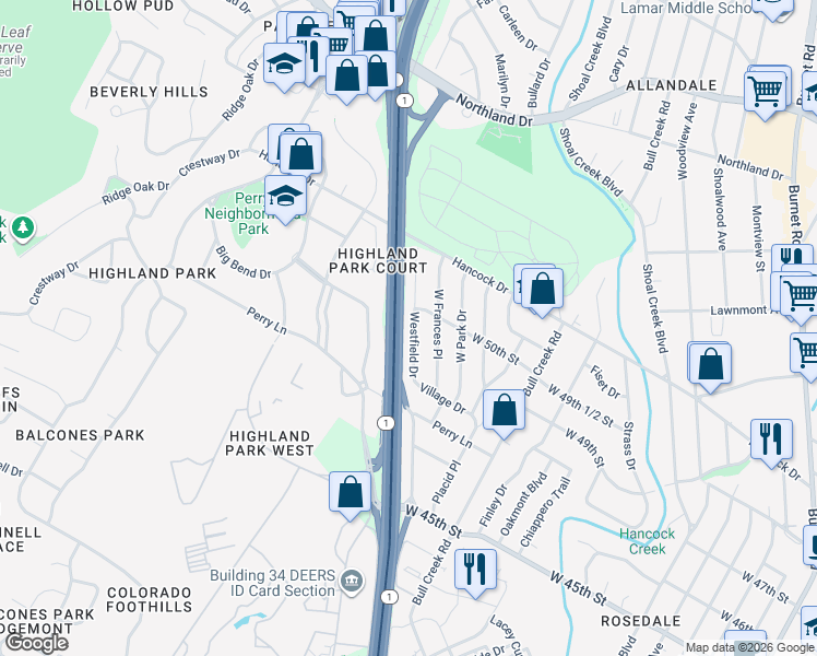 map of restaurants, bars, coffee shops, grocery stores, and more near 4902 Westfield Drive in Austin
