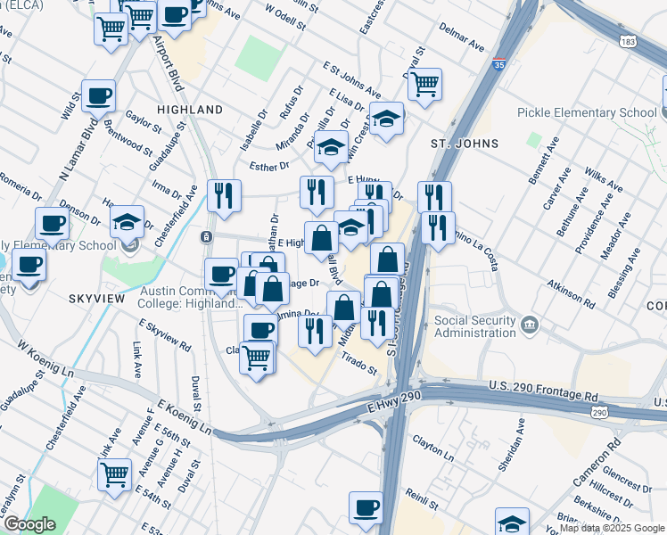 map of restaurants, bars, coffee shops, grocery stores, and more near East Highland Mall Boulevard in Austin